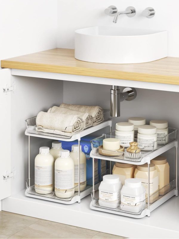 Delamu 2 Sets of 2-Tier Multi-Purpose Bathroom Under Sink Organizers and Storage, Stackable Kitchen Pantry Organization, Pull Out Medicine Cabinet Organizer with 8 Movable Dividers - Image 2