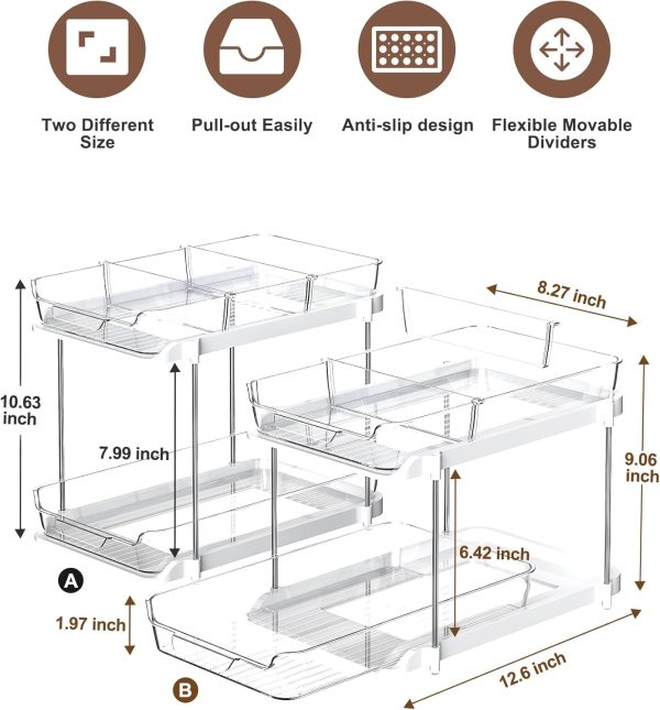 Delamu 2 Sets of 2-Tier Multi-Purpose Bathroom Under Sink Organizers and Storage, Stackable Kitchen Pantry Organization, Pull Out Medicine Cabinet Organizer with 8 Movable Dividers - Image 5