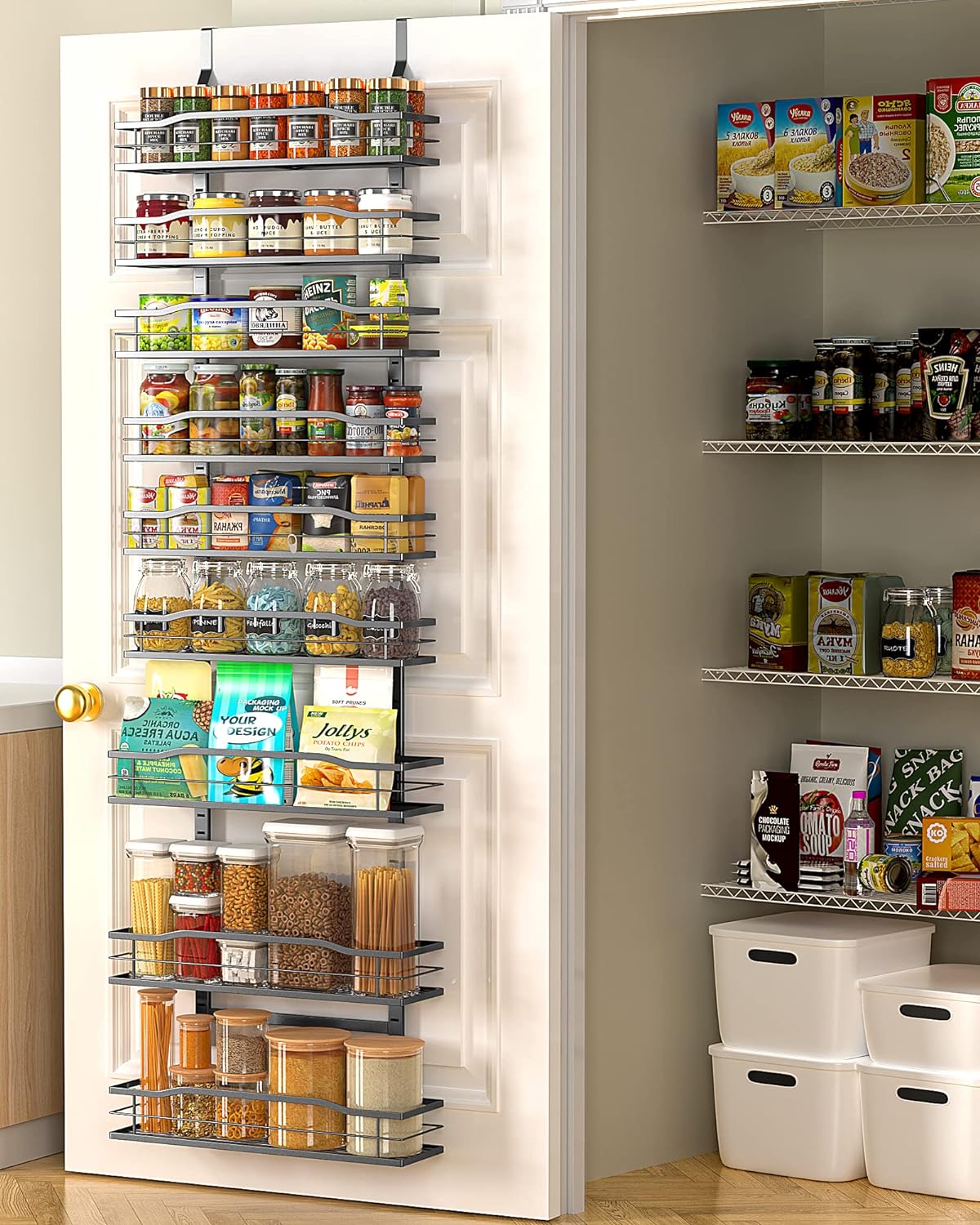 Moforoco 9-Tier Over The Door Pantry Organizer, Pantry Organization and Storage, Black Hanging Basket Wall Spice Rack Seasoning Shelves, Home & Kitchen Bedroom Bathroom House Essentials