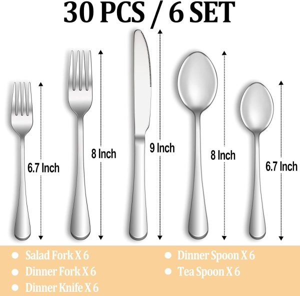 MUTNITT 30 Pcs Silverware Set Service for 6,Premium Stainless Steel Flatware Set,Mirror Polished Cutlery Utensil Set,Durable Kitchen Eating Tableware Set,Include Fork Knife Spoon Set,Dishwasher Safe - Image 2