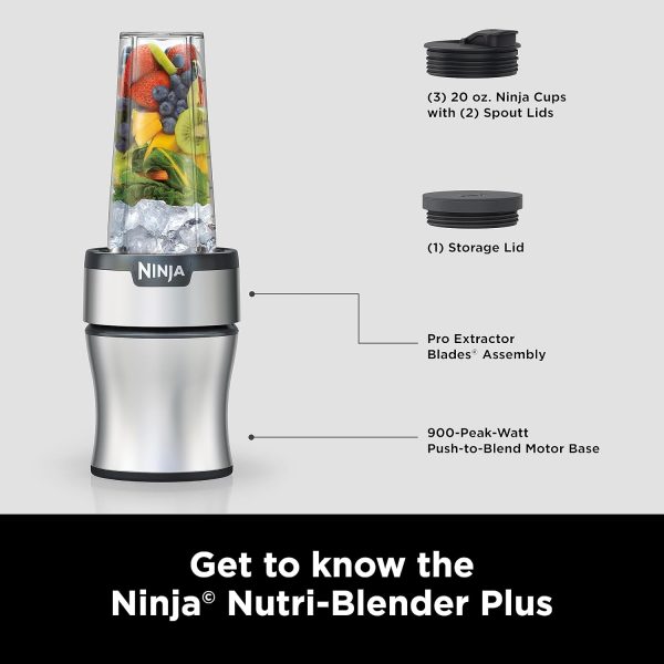 Ninja BN301 Nutri-Blender Plus Compact Personal Blender, 900-Peak-Watt Motor, Frozen Drinks, Smoothies, Sauces & More, (3) 20 oz. To-Go Cups, (2) Spout-Lids (1) Storage-Lid, Dishwasher Safe, Silver - Image 9