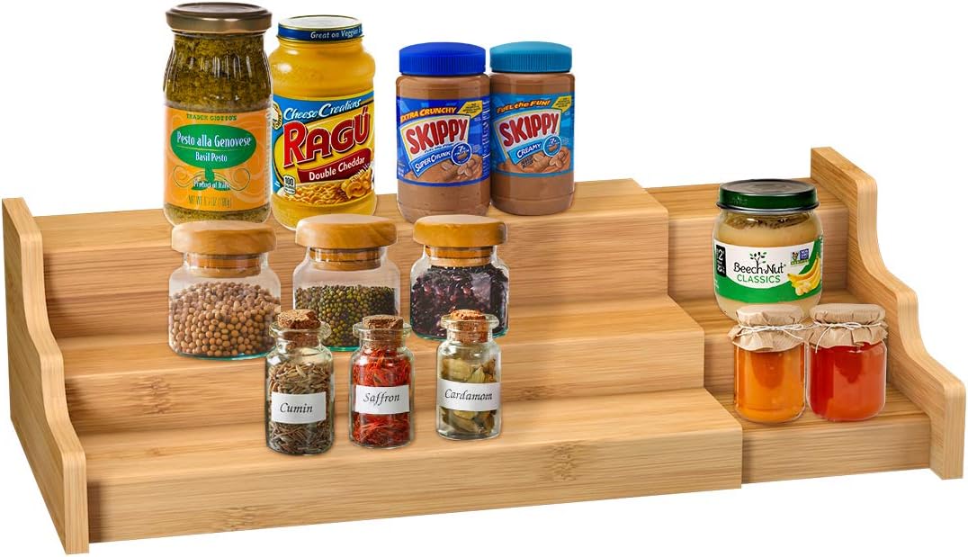 Spice Rack Kitchen Cabinet Organizer- 3 Tier Bamboo Expandable Display Shelf