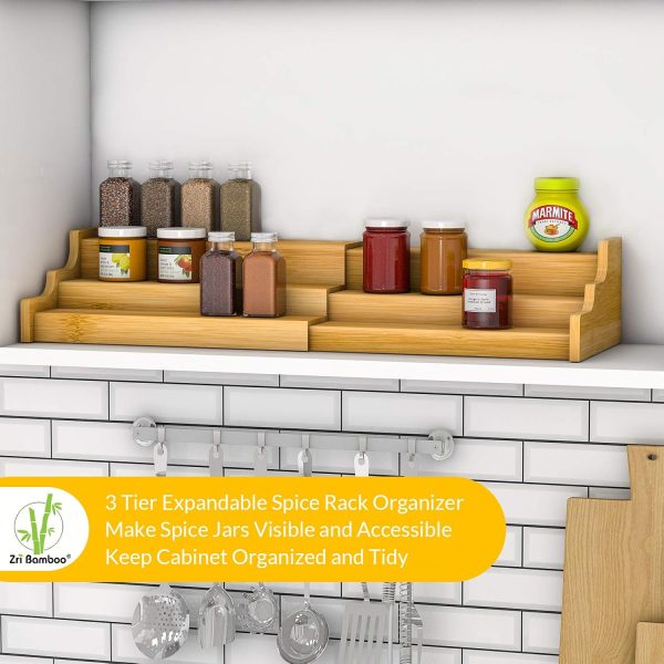 Spice Rack Kitchen Cabinet Organizer- 3 Tier Bamboo Expandable Display Shelf - Image 3